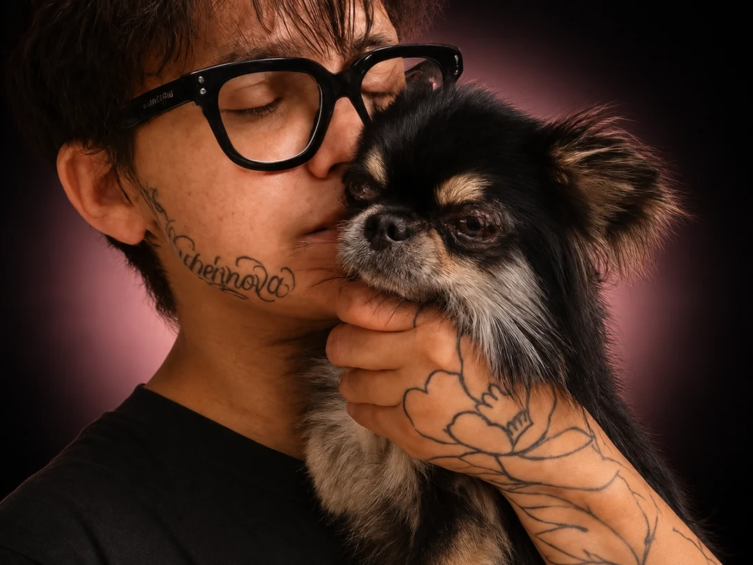 Una persona bacia con affetto un Chihuahua a pelo lungo