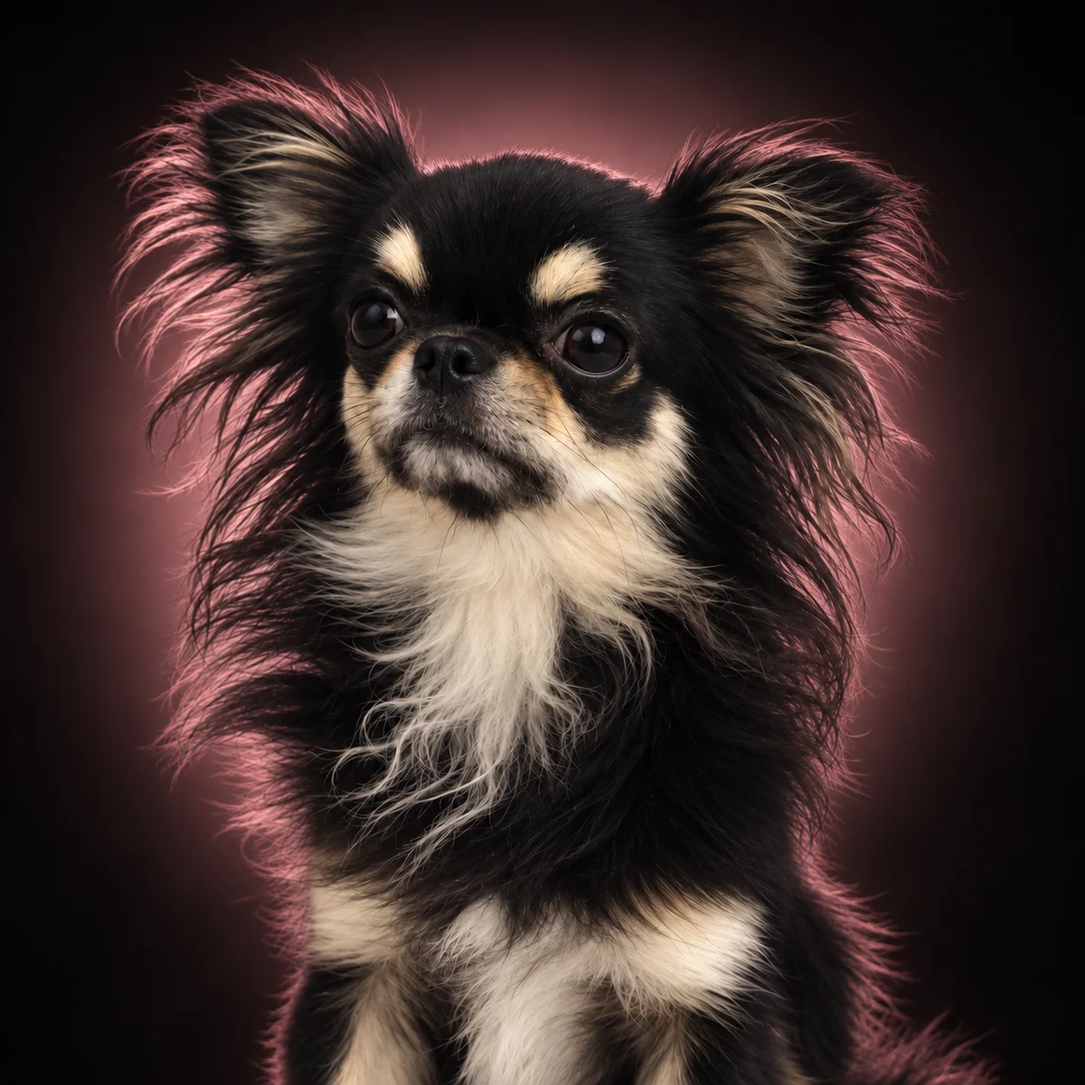 Ritratto ravvicinato di Chihuahua a pelo lungo nero focato su fondo scuro con luce rosa