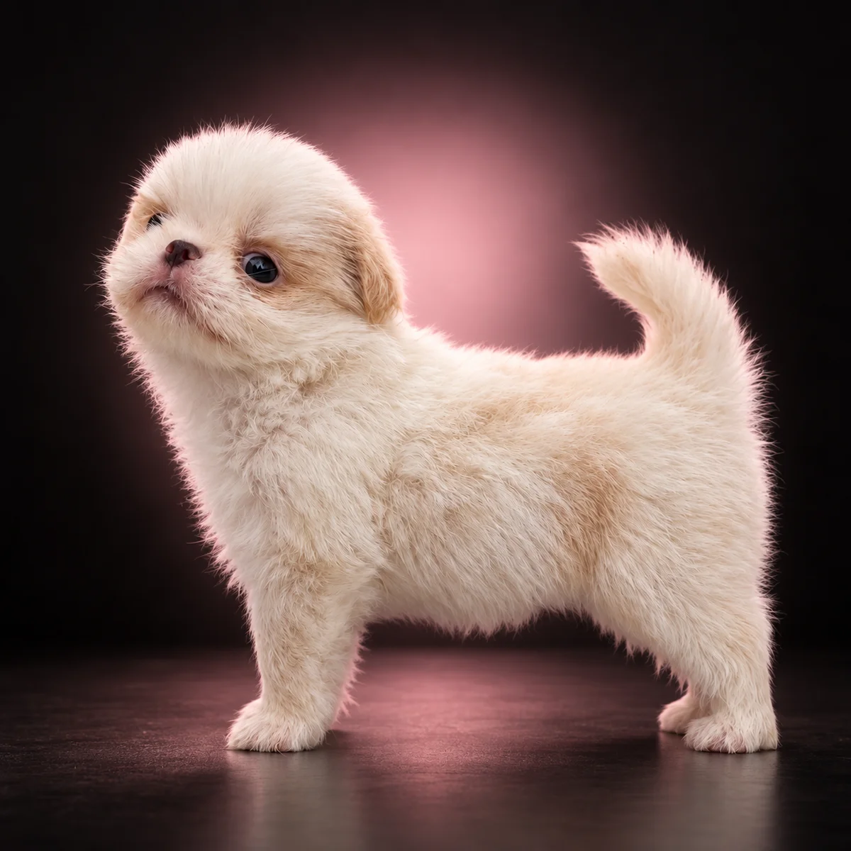Camillo, cucciolo di Japanese Chin color crema in piedi di profilo su fondo scuro con luce rosa