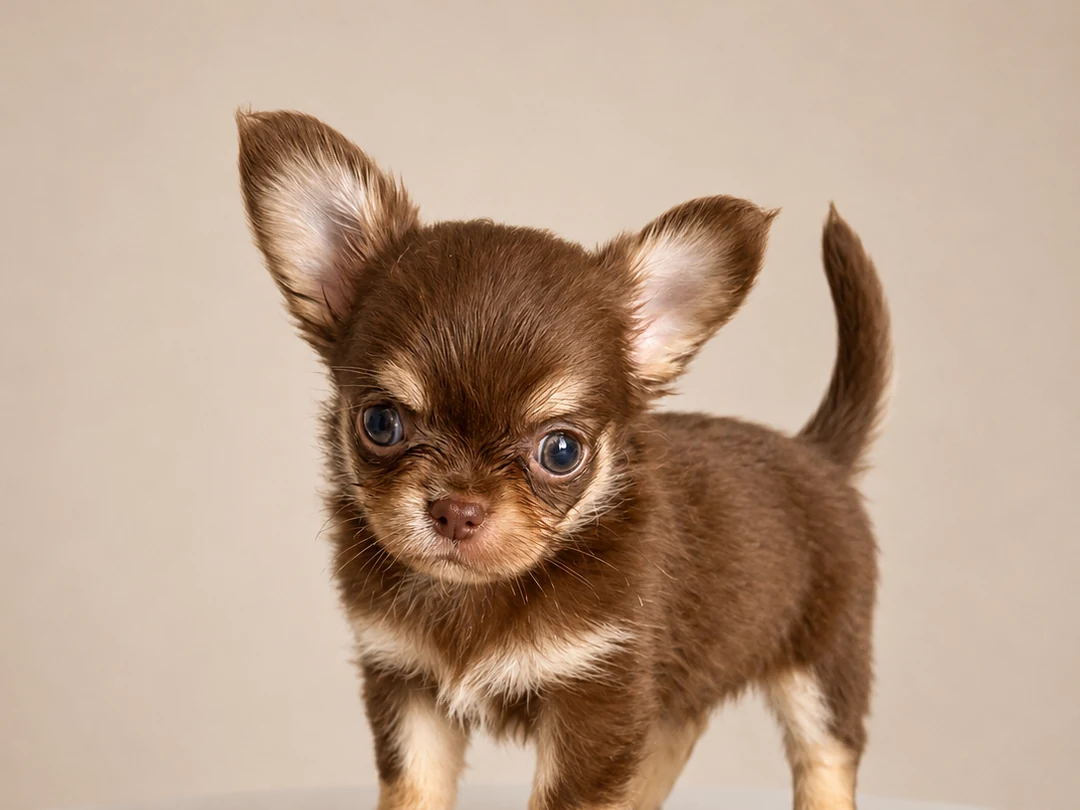 Un cucciolo di Chihuahua color cioccolato posa su un fondale neutro